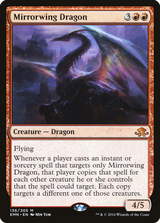 Introducing the "Mirrorwing Dragon [Eldritch Moon]" card from Magic: The Gathering. This Mythic Creature, illustrated by Min Yum and designated as EMN 136/205, showcases an elegant dragon with reflective wings and a vivid aura. To cast this card, you need 3 generic mana and 2 red mana. The Mirrorwing Dragon has Flying and features a unique ability that copies any spells targeting it to other creatures you control.