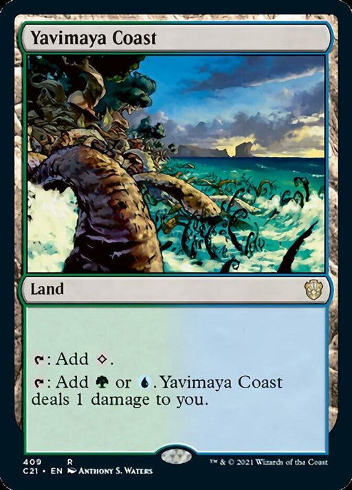 A Magic: The Gathering card named Yavimaya Coast [Commander 2021]. The illustration depicts a twisted tree growing out of a rocky coastline with turbulent waves crashing beneath a stormy sky. This rare land card can produce colorless mana or green/blue mana at the cost of 1 damage.