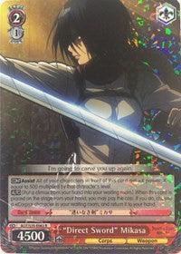 A rare character card featuring "Direct Sword" Mikasa (AOT/S35-E063 R) [Attack on Titan] from the anime "Attack on Titan." Mikasa holds a corps weapon and wears the Survey Corps uniform. The card has a sparkling holographic background with game stats: Level 2, Power 4500, Trigger 1. The quote reads, "I'm going to carve you up again!" This exclusive character card is produced by Bushiroad.