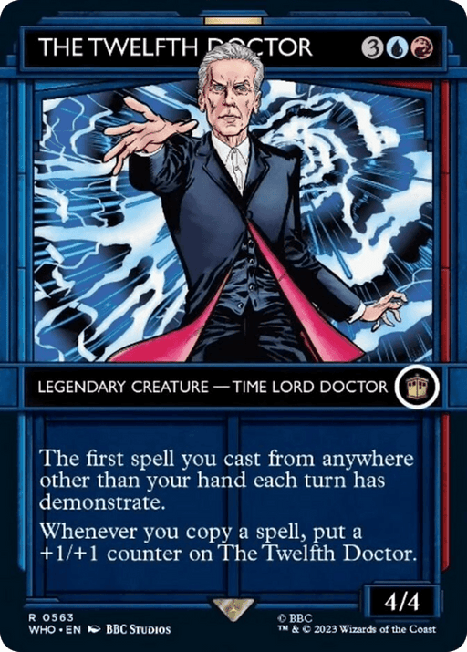 A **Magic: The Gathering** card featuring **The Twelfth Doctor (Showcase) [Doctor Who]**, a Legendary Creature. The Time Lord Doctor is an older male with white hair, wearing a dark suit. His hand is extended, and blue energy swirls around him. The card's text includes abilities related to casting spells and gaining counters.