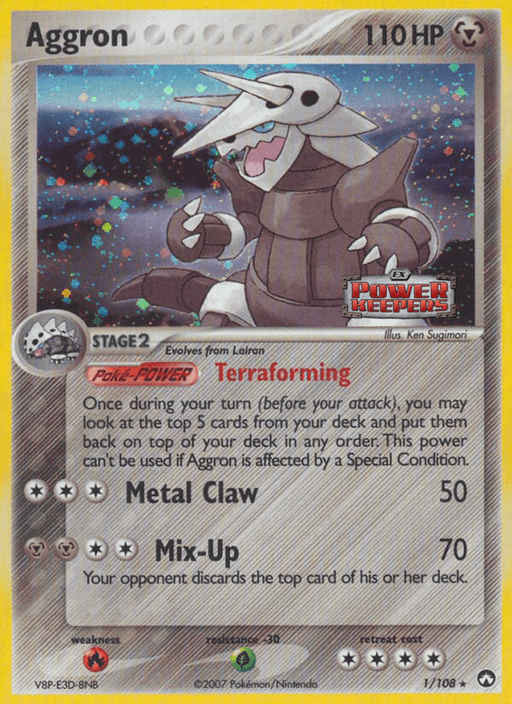 A Pokémon trading card displaying Aggron (1/108) (Stamped) [EX: Power Keepers] with 110 HP, emerging as a Stage 2 Pokémon from Lairon. It boasts two abilities: "Metal Claw" with 50 attack points and "Mix-Up" with 70 attack points. This Holo Rare card is part of the EX Power Keepers series and features a Poke-Power called "Terraforming.