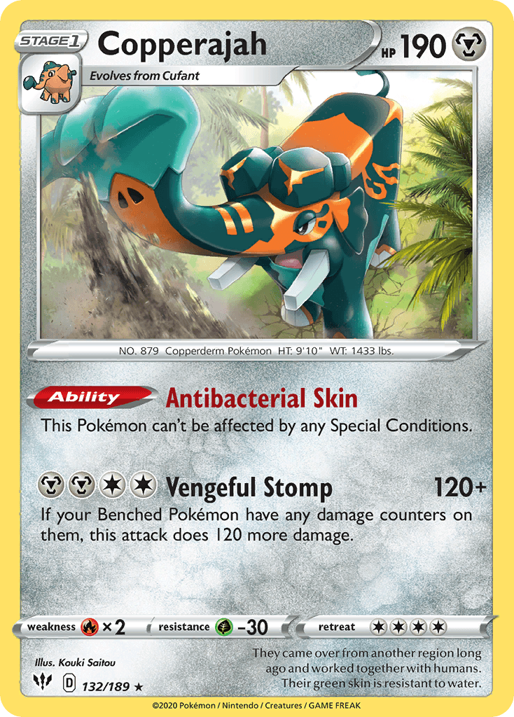 Image of a Pokémon card featuring Copperajah. This Holo Rare card showcases Copperajah, an elephant-like Pokémon with a green and orange color scheme and metallic features. Part of the Sword & Shield: Darkness Ablaze set, it details Copperajah's abilities, 190 Hit Points, and attacks. Art by Kouki Saitou, number 132/189. Product Name: Copperajah (132/189) [Sword & Shield: Darkness Ablaze], Brand Name: Pokémon