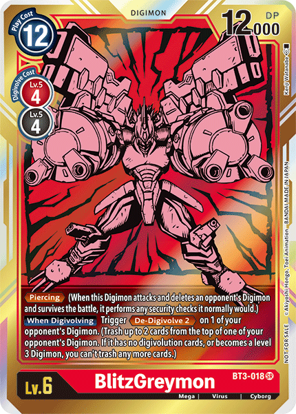 The image showcases a Super Rare Digimon card titled "BlitzGreymon [BT3-018] (Alternate Art) [Release Special Booster Ver.1.5]," featuring a mechanical, armored creature adorned in red and silver plating, with missile-like shoulders and glowing claws. It boasts impressive stats like level 6 and 12,000 DP, along with text boxes detailing its powerful effects such as De-Digivolve 2.