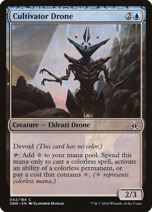 A Magic: The Gathering product titled "Cultivator Drone [Oath of the Gatewatch]," featured in the Oath of the Gatewatch set, costs 2 colorless and 1 blue mana. This Eldrazi Drone with 2 power and 3 toughness has "Devoid" and can add one colorless mana for colorless costs. Art by Slawomir Maniak.