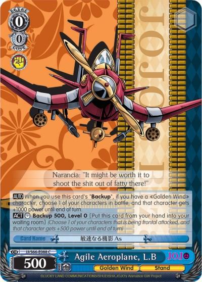 A trading card depicting the "Agile Aeroplane, L.B (JJ/S66-E088 C) [JoJo's Bizarre Adventure: Golden Wind]" from Bushiroad. The character card showcases a detailed aircraft with weapons, backed by vibrant JoJo’s Bizarre Adventure-themed graphics. Text details the card's stats and abilities, with Narancia's quote at the top.