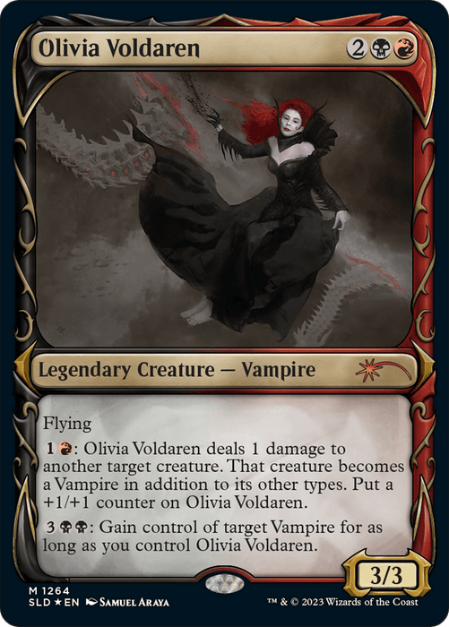 A Mythic Magic: The Gathering card featuring Olivia Voldaren (Halo Foil) [Secret Lair Drop Series], a Legendary Creature with flying. Her activated abilities transform a target creature into a Vampire, adding a +1/+1 counter, and gain control of target Vampire. The card costs 2 generic, 1 black, and 1 red mana.