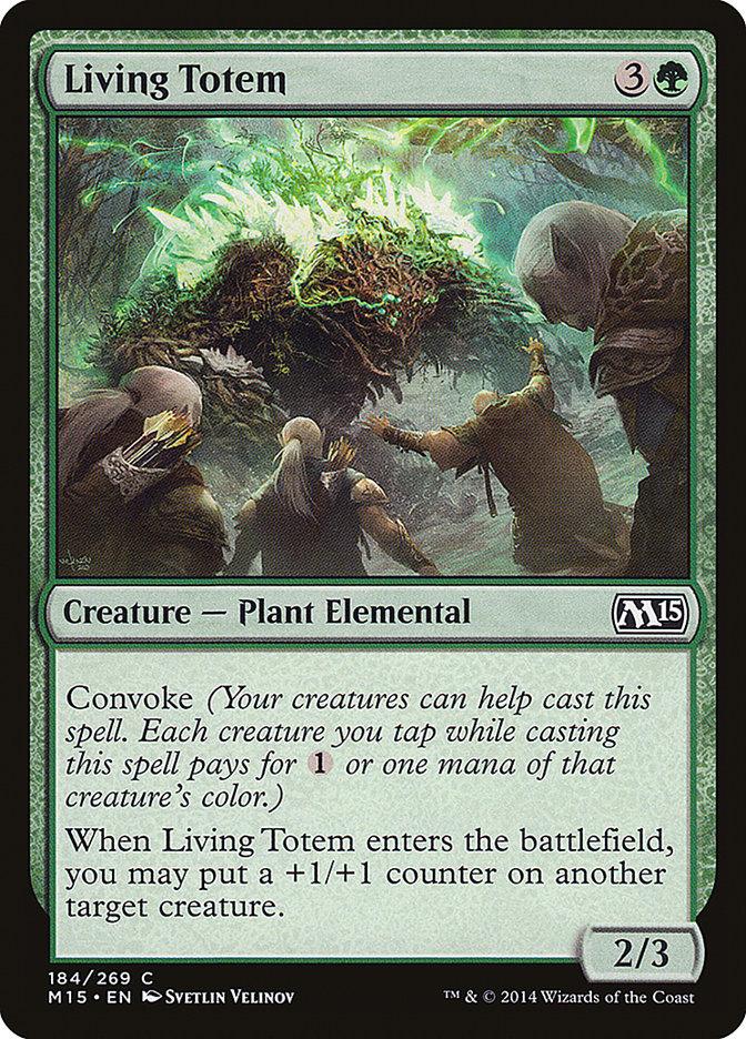 A Magic: The Gathering card titled "Living Totem [Magic 2015]". It costs 3 colorless and 1 green mana. It's a Creature — Plant Elemental with power/toughness of 2/3. It features Convoke and has an ability that places a +1/+1 counter on another target creature upon entering the battlefield. Art by Svetlin Velinov.