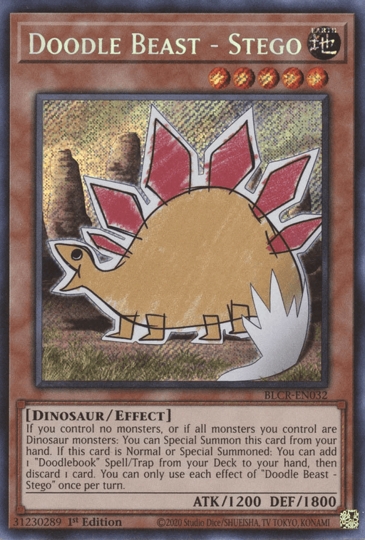 A Yu-Gi-Oh! trading card titled "Doodle Beast - Stego [BLCR-EN032] Secret Rare." The card features an illustration of a cartoonish, sketched stegosaurus with exaggerated, colorful plates on its back. This 1st Edition Effect Monster has 1200 ATK and 1800 DEF and is coded BLCR-EN032. It’s a quirky addition to your collection of Dinosaur monsters in the Yu-Gi-Oh! series.