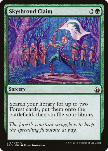 The image is of the Magic: The Gathering card "Skyshroud Claim [Battlebond]". It shows an elf waving a white flag with a green emblem in a lush Forest clearing, surrounded by observing elves. The card's text allows searching and playing Forest cards. The flavor text emphasizes nature's defense against invaders.