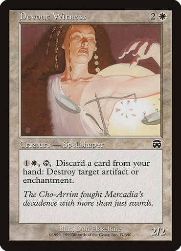 The "Devout Witness" card from Magic: The Gathering's Mercadian Masques series features an enchanting Spellshaper adorned in flowing robes, surrounded by glowing orbs. With her hand raised in a mystical gesture, the card details her abilities and flavor text. Illustrated by Don Hazeltine, this 1999 release brings a touch of magic to any deck.