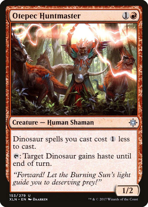 A Magic: The Gathering product named Otepec Huntmaster [Ixalan]. This human shaman costs 1 generic mana and 1 red mana. Dinosaur spells you cast cost 1 less to cast. Tap: Target Dinosaur gains haste until end of turn. Its power/toughness is 1/2, and it’s surrounded by dinosaurs.