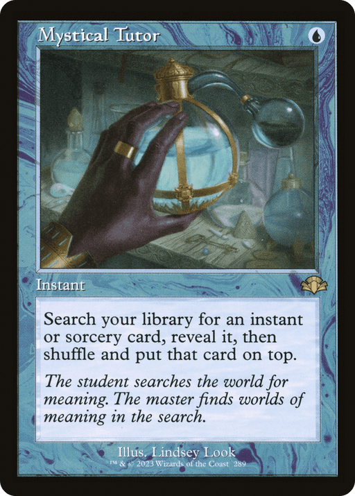 A "Magic: The Gathering" card titled "Mystical Tutor (Retro) [Dominaria Remastered]," featured in Magic: The Gathering. The artwork shows a hand holding a compass-like apparatus within a blue, mystical background. This rare card's text reads: "Search your library for an instant or sorcery card, reveal it, then shuffle and put that card on top.