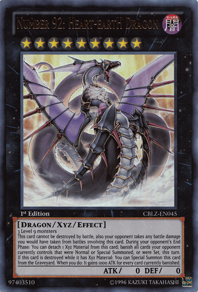 The image showcases the Yu-Gi-Oh! card "Number 92: Heart-eartH Dragon [CBLZ-EN045] Ultra Rare," appearing as a dark, majestic dragon with purple and silver armor, large wings, and yellow accents. This Ultra Rare card from Cosmo Blazer is a 1st Edition Xyz/Effect Monster with 0 ATK and 0 DEF, featuring various stats and abilities below the image.