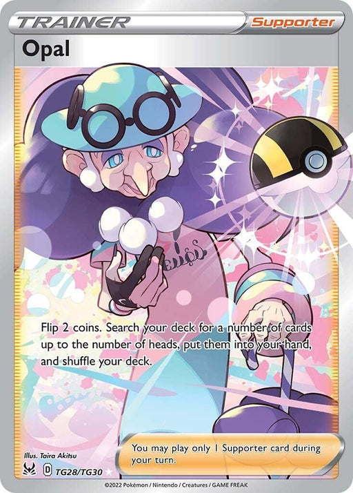 A **Pokémon** Secret Rare Trading Card from the **Sword & Shield: Lost Origin** series featuring **Opal (TG28/TG30) [Sword & Shield: Lost Origin]**, a Supporter Trainer. Opal, an elderly woman with a long nose and glasses, dons a blue hat and a star-patterned purple dress. The holographic card text reads: "Flip 2 coins. Search your deck for a number of cards up to the number of heads, put them into...