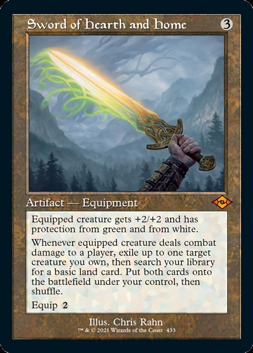 An illustration of the "Sword of Hearth and Home (Retro) [Modern Horizons 2]" Magic: The Gathering card from Modern Horizons 2. It depicts a hand holding a glowing green and gold sword with a mountainous landscape background. This mythic Artifact Equipment card, with artwork by Chris Rahn, details its abilities, stats, and has an equip cost of 2.