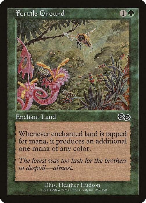 A Magic: The Gathering card from Urza's Saga titled "Fertile Ground [Urza's Saga]" with green borders. The card's illustration depicts a lush forest with exotic flowers, bees, and vibrant plants. This Enchant Land costs 1 green and 1 colorless mana and adds mana by producing additional energy to your pool.