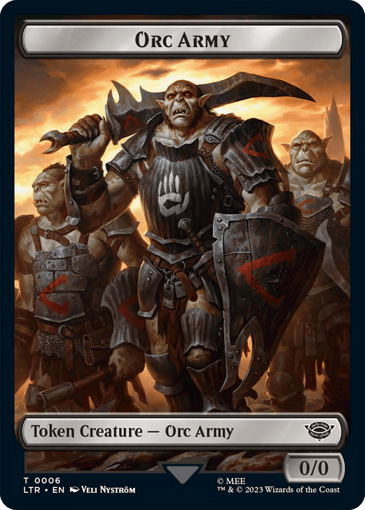 An illustration of a fierce Orc Army, with a large armored orc in the front wielding an ax and a shield emblazoned with a white handprint. Other orcs, also armored and armed, stand behind him. The background evokes The Lord of the Rings with its cloudy, smoky sky, suggesting a battle scene. At the top reads "Orc Army," while the bottom text declares Food (11) // Orc Army (06) Double-Sided Token [The Lord of the Rings: Tales of Middle-Earth Tokens]. Brand Name: Magic: The Gathering