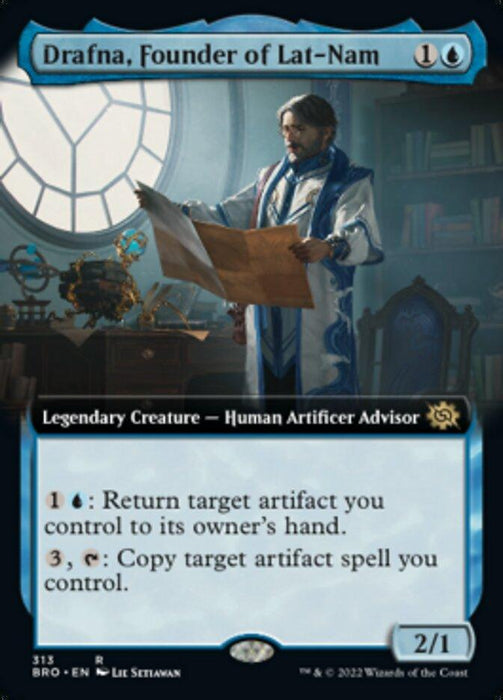 The image is a Magic: The Gathering card depicting "Drafna, Founder of Lat-Nam (Extended Art) [The Brothers' War]," a pivotal figure from The Brothers' War. The card features a human in ornate blue and white robes reading a parchment. As a legendary creature and human artificer advisor, its attributes include casting cost, abilities, power, and toughness.