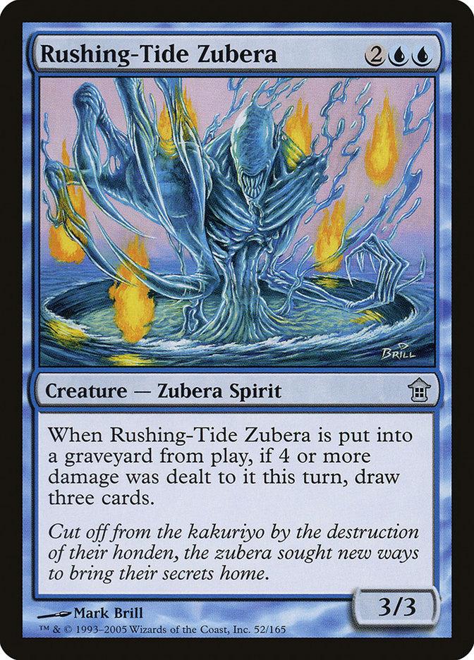 The "Rushing-Tide Zubera" card from Magic: The Gathering's *Saviors of Kamigawa* set showcases a spectral aquatic creature with water tendrils and fiery elements. Priced at two blue mana and two colorless mana, this 3/3 Zubera Spirit allows you to draw three cards if it receives at least four damage before being sent to the graveyard.