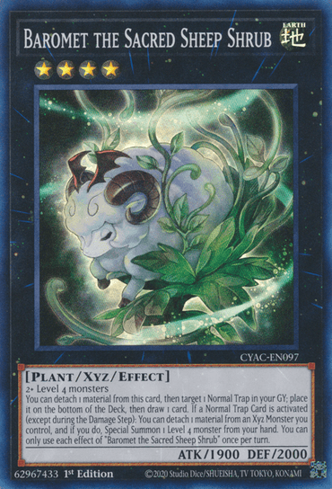 The Yu-Gi-Oh! card "Baromet the Sacred Sheep Shrub [CYAC-EN097]" captivates with its mythical fusion of sheep and shrubbery. As a Super Rare Plant/Xyz/Effect Monster, it offers 1900 ATK and 2000 DEF, with abilities featured in the Cyberstorm Access set.