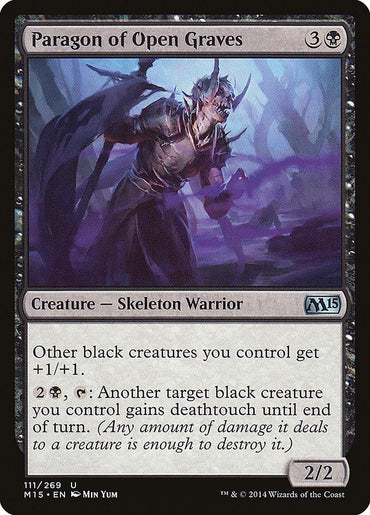 Magic: The Gathering product "Paragon of Open Graves [Magic 2015]" features a black border and an illustration of a menacing Skeleton Warrior holding a scythe, surrounded by a dark, misty aura. The card costs 3 colorless and 1 black mana, and its ability gives other black creatures you control +1/+1.