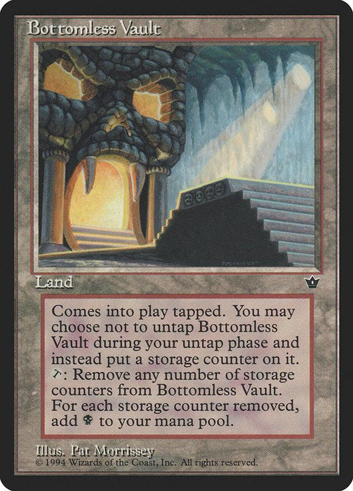 A Bottomless Vault [Fallen Empires] Magic: The Gathering card. This land card showcases a dark, ominous cave entrance with a skull design, illuminated by eerie light. The text details its ability to generate mana by placing and removing storage counters. Art by Pat Morrissey.