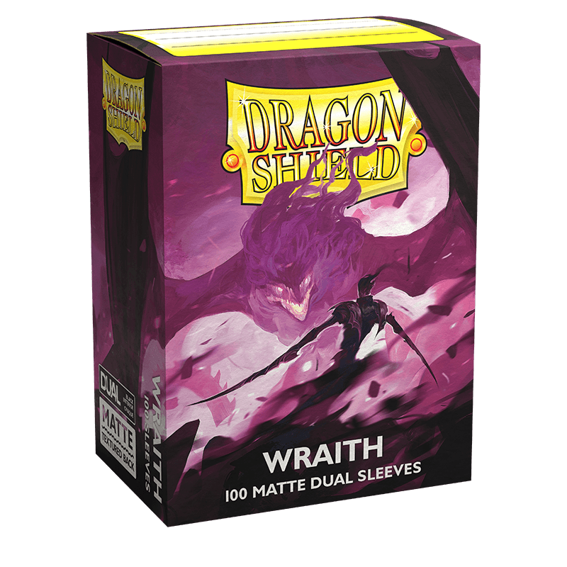 A deck box of Arcane Tinmen Dragon Shield: Standard 100ct Sleeves - Wraith (Dual Matte), containing 100 card sleeves. The box features artwork of a fierce, shadowy character with a sword, standing against a purple, smoky background. Perfect for TCGs, the words "WRAITH" and "100 MATTE DUAL SLEEVES" are printed at the bottom.