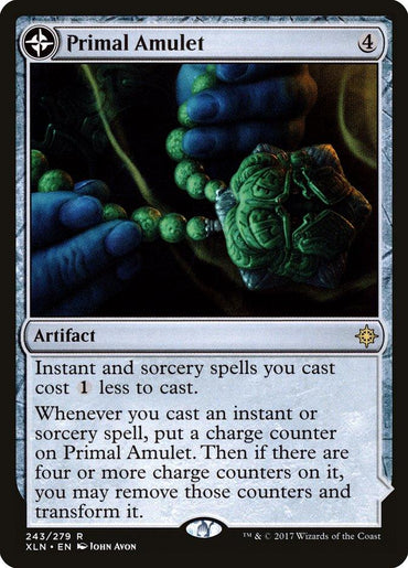 A Primal Amulet // Primal Wellspring [Ixalan] card from Magic: The Gathering, this artifact reduces the cost of instant and sorcery spells by 1 when cast. It accumulates charge counters with each spell and transforms into an Artifact // Land upon reaching four counters. Illustrated by John Avon.