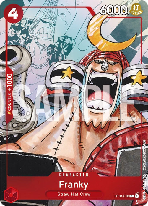 A trading card featuring Franky from the Straw Hat Crew, a character with blue hair and a metallic arm. He has a crescent-shaped hairstyle, wears star earrings, and is shouting. The Bandai Franky (Alternate Art) [One Piece Promotion Cards] shows his power as 6000 and a counter value of +1000 with identifiers "ST01-010" and "4" at the top.