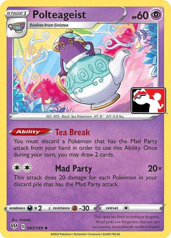 Introducing the Polteageist (083/189) from the Prize Pack Series One by Pokémon, a Stage 1 Psychic Pokémon card featuring 60 HP. Evolving from Sinistea, Polteageist emerges from a teapot with abilities "Tea Break" and "Mad Party" set against a vibrant swirl of colorful patterns. This uncommon card is sure to shine brightly in any collection.