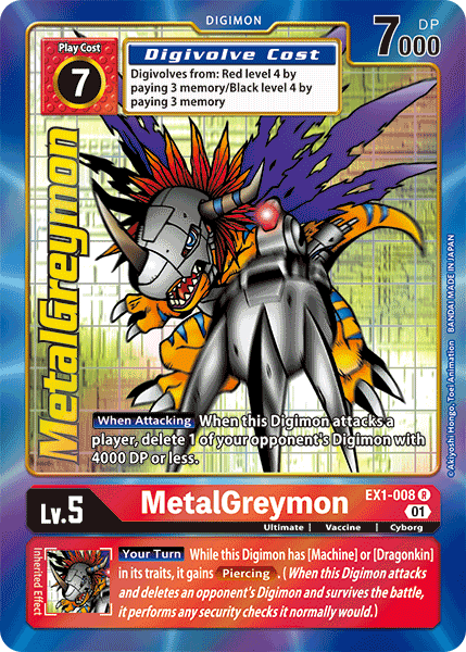The image is a rare Digimon trading card featuring "MetalGreymon [EX1-008] (Alternate Art) [Classic Collection]." The card has a yellow border with the Digimon card game logo at the top left and a red box at the bottom displaying "Lv. 5" and the card name. MetalGreymon, a cyborg dragon, is depicted with metal armor, a spiked helmet, and wings. The card details its