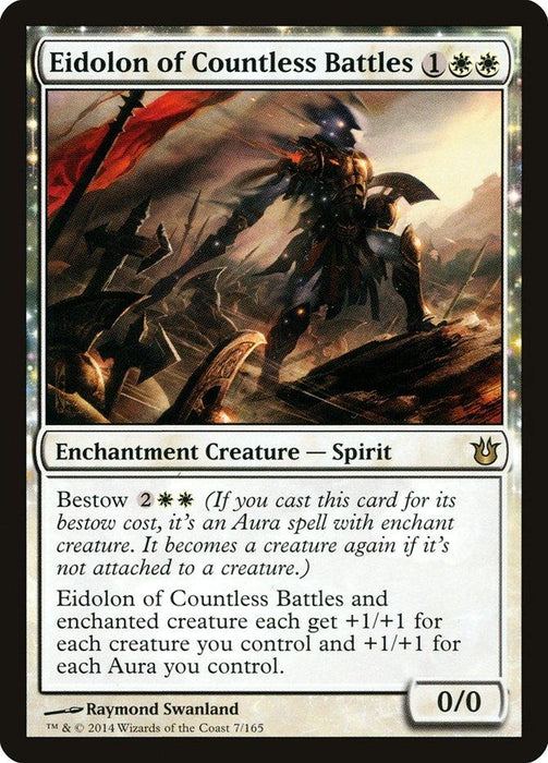 Magic: The Gathering's "Eidolon of Countless Battles" from the *Born of the Gods* set is an Enchantment Creature - Spirit with a Bestow cost of 2 white and 2 generic mana. It provides a +1/+1 boost to itself and an enchanted creature for each creature and Aura you control. This card features artwork by Raymond Swanland.