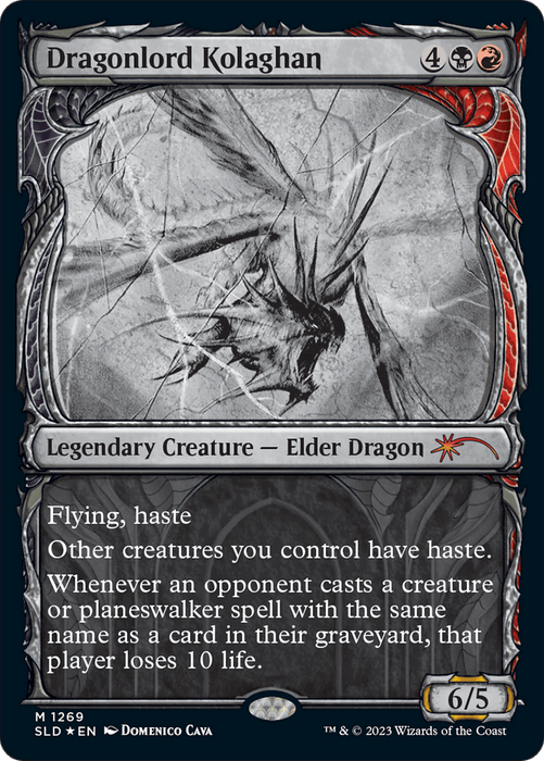 A Mythic Rare Magic: The Gathering card titled "Dragonlord Kolaghan (Halo Foil) [Secret Lair Drop Series]," an Elder Dragon depicted in dark, ominous colors with large wings. It features a silver and black ornate border and text indicating its abilities, including flying, haste, and a life-draining effect, with a power/toughness of 6/5.