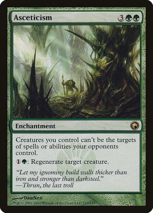 A Magic: The Gathering card titled "Asceticism [Scars of Mirrodin]." It has a green border and features artwork of a lush, overgrown forest with a lone armored figure in the center. This Enchantment costs 3 generic mana and 2 green mana, granting your creatures hexproof and the ability to regenerate them.