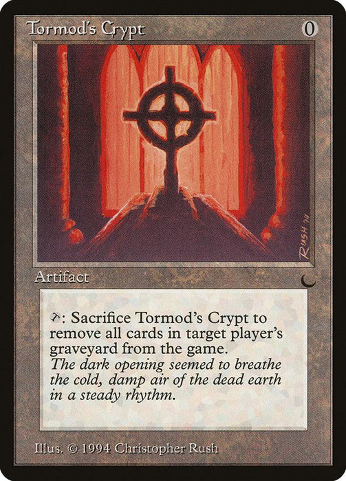The image shows a "Magic: The Gathering" card named "Tormod's Crypt [The Dark]." The card's artwork depicts a glowing, cross-shaped crypt entrance with red lighting. As an artifact with zero mana cost, its ability is to exile all cards in a target player's graveyard from the game.