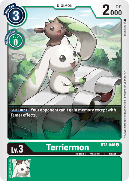 An uncommon Digimon card featuring Terriermon [BT3-046] [Release Special Booster Ver.1.5], a cute white and green rabbit-like creature with large ears and an additional smaller creature on its head. Part of Release Special Booster Ver.1.5, the card details include a play cost of 3, 2000 DP, and a Digivolution cost of 0 from a level 2 Digimon.
