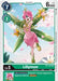 A promo Digimon trading card named Lillymon [BT1-079] (Alternative Art) from the Promotional Cards collection depicts her as a humanoid fairy with pink flower petals forming her dress and head, green leaves as limbs, and transparent green wings. The card details her stats and abilities, including a play cost of 7, a DP of 6000, and level information.