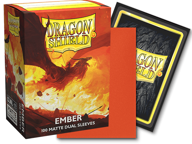 A box of Arcane Tinmen Dragon Shield: Standard 100ct Sleeves - Ember (Dual Matte) is depicted, with an illustration of a red dragon on the box. Next to the box, one sleeve stands upright while another lies flat, revealing the textured black interior. Perfect for TCGs, the box highlights a 100 count.