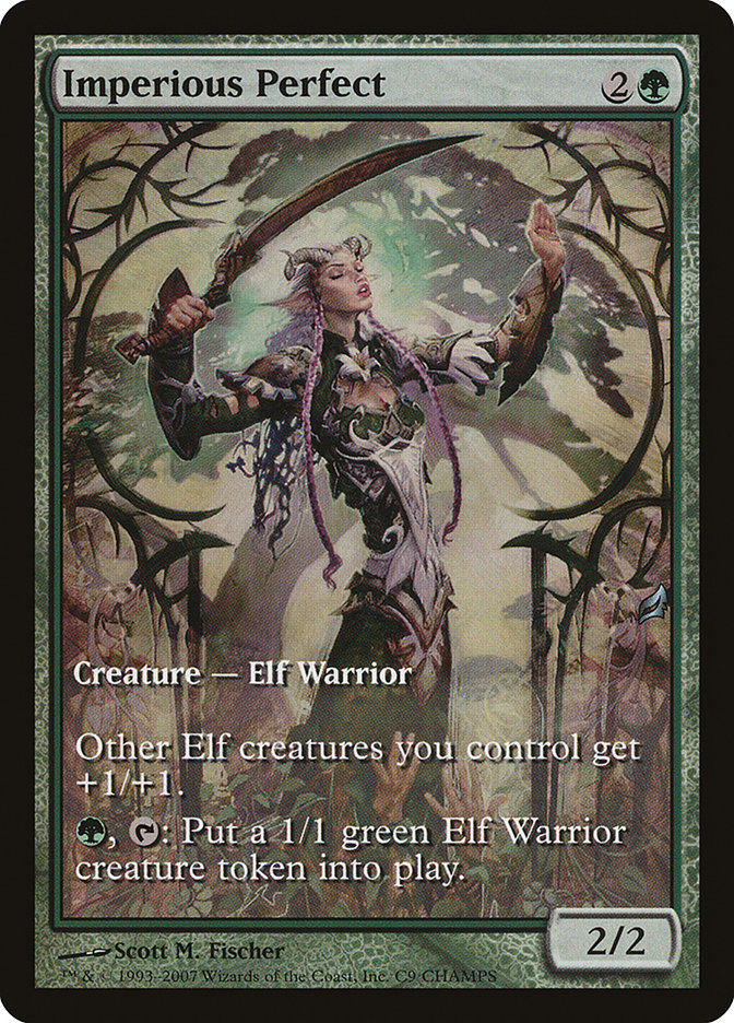 The "Imperious Perfect [Champs and States]" card from Magic: The Gathering features an Elf Warrior wielding a sword amidst vibrant greenery. It boosts Elves and generates creature tokens for strategic gameplay. Illustrated by Scott M. Fischer, the card has a power and toughness rating of 2/2 and was first released in 2007.