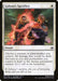A Magic: The Gathering card titled "Gideon's Sacrifice [War of the Spark]" shows a shrouded male character in focus, glowing with red energy, absorbing attacks. Behind him is a distressed female character. The card reads: "Choose a creature or planeswalker you control. All damage that would be dealt this turn to you and permanents you control.