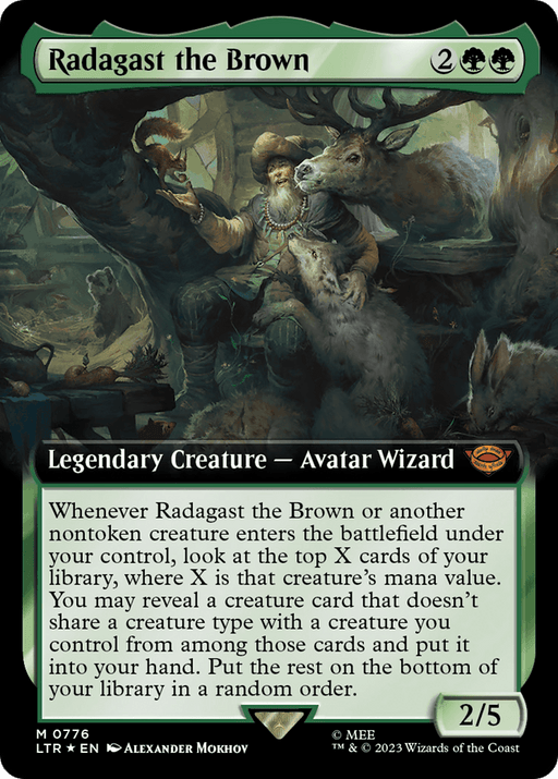 A Magic: The Gathering trading card titled "Radagast the Brown (Extended Art) (Surge Foil) [The Lord of the Rings: Tales of Middle-Earth]" from Magic: The Gathering. It costs 2 green and 2 colorless mana, is a Legendary Creature - Avatar Wizard with a power/toughness of 2/5. The artwork depicts a wizard in a forest, and the card text provides details on its special abilities.