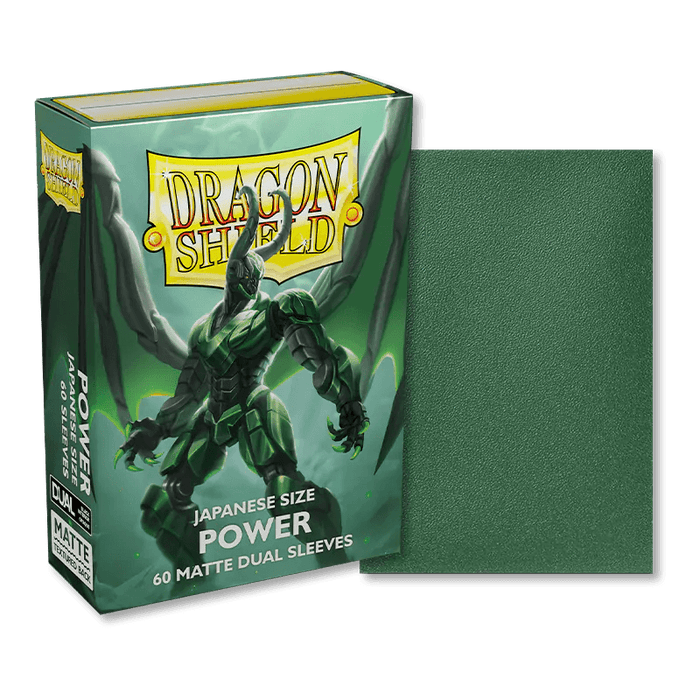 A package of Dragon Shield: Japanese Size 60ct Sleeves - Power (Matte) is displayed. The box, by Arcane Tinmen, features a green muscular character with large wings and glowing hands, clad in metallic green armor. The text reads "Japanese Size Power 60 TCG Cards Matte Dual Sleeves," with a green-colored sleeve displayed beside the box.