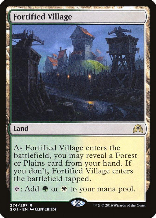 A Magic: The Gathering product titled "Fortified Village [Shadows over Innistrad]" depicts a fortified village with wooden structures and watchtowers surrounded by a wooden fence. This rare land card allows adding green or white mana to a player's mana pool.