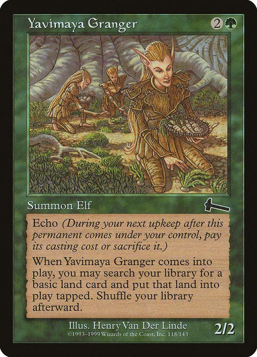 A Magic: The Gathering product named "Yavimaya Granger [Urza's Legacy]" showcases a Creature Elf in a forest scene holding twigs. With a mana cost of 2G, it’s a 2/2 Summon Elf featuring the Echo ability and an effect upon entering the battlefield. Illustrated by Henry Van Der Linde.