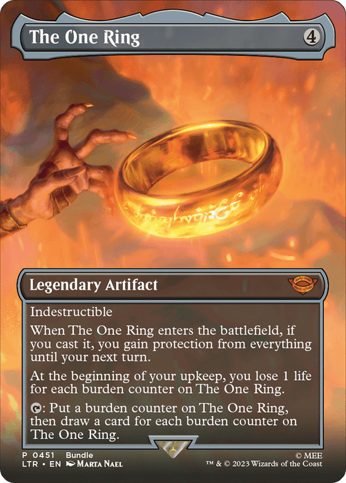 A depiction of a Magic: The Gathering (MTG) card named "The One Ring (Borderless Alternate Art) [The Lord of the Rings: Tales of Middle-Earth]." This Mythic card features an image of a golden ring inscribed with glowing Elvish script. Categorized as a "Legendary Artifact," it boasts various abilities, including indestructibility and protection mechanics.