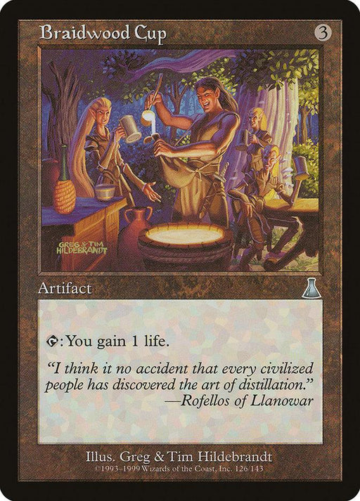 The image depicts a "Braidwood Cup [Urza's Destiny]" Magic: The Gathering card. The artwork shows a fantastical scene of a jovial group toasting with lively expressions. One person raises a glowing cup. The card's frame and text box are brown, with the card type "Artifact" and ability ":tap:: You gain 1 life.