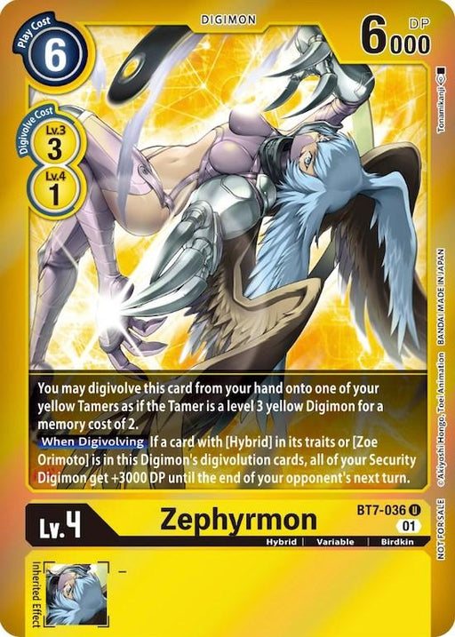An image of the Digimon card "Zephyrmon [BT7-036] (Event Pack 3) [Next Adventure Promos]." The card showcases an illustration of a humanoid Digimon with wings and armor, floating in the air. It has stats like Level 4, play cost 6, digivolve cost 3 from Lv. 3 or Hybrid Digivolve for 1 from Lv. 4, and 6000 DP. The text details