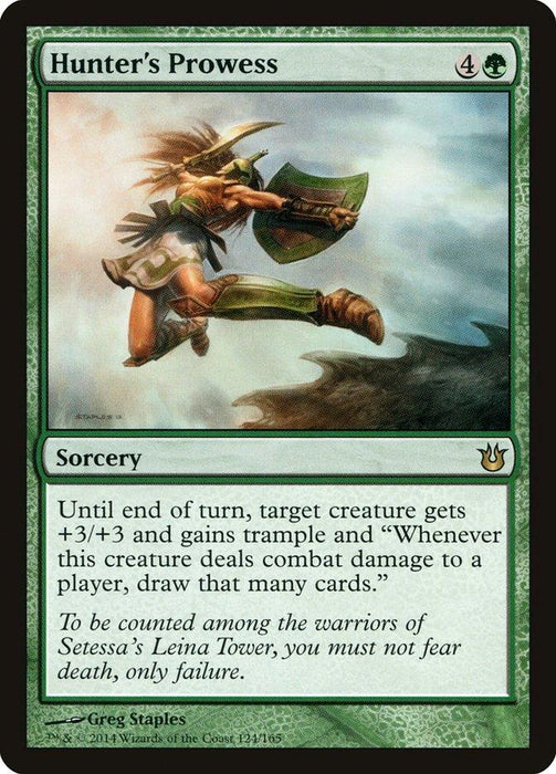 A Magic: The Gathering card titled "Hunter's Prowess [Born of the Gods]" from Magic: The Gathering. This rare card depicts a warrior in mid-leap, wielding a weapon. The text reads: "Until end of turn, target creature gets +3/+3 and gains trample and 'Whenever this creature deals combat damage to a player, draw that many cards.'
