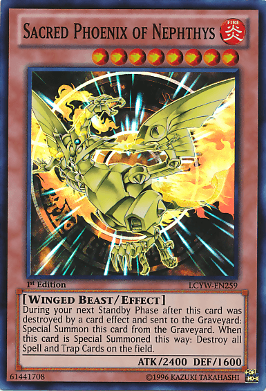 A Yu-Gi-Oh! Super Rare card titled "Sacred Phoenix of Nephthys" from Legendary Collection 3: Yugi's World, numbered LCYW-EN259. The 1st Edition card depicts a golden, flaming phoenix with outstretched wings. This FIRE attribute Effect Monster has an ATK of 2400 and DEF of 1600, and is classified as Winged.