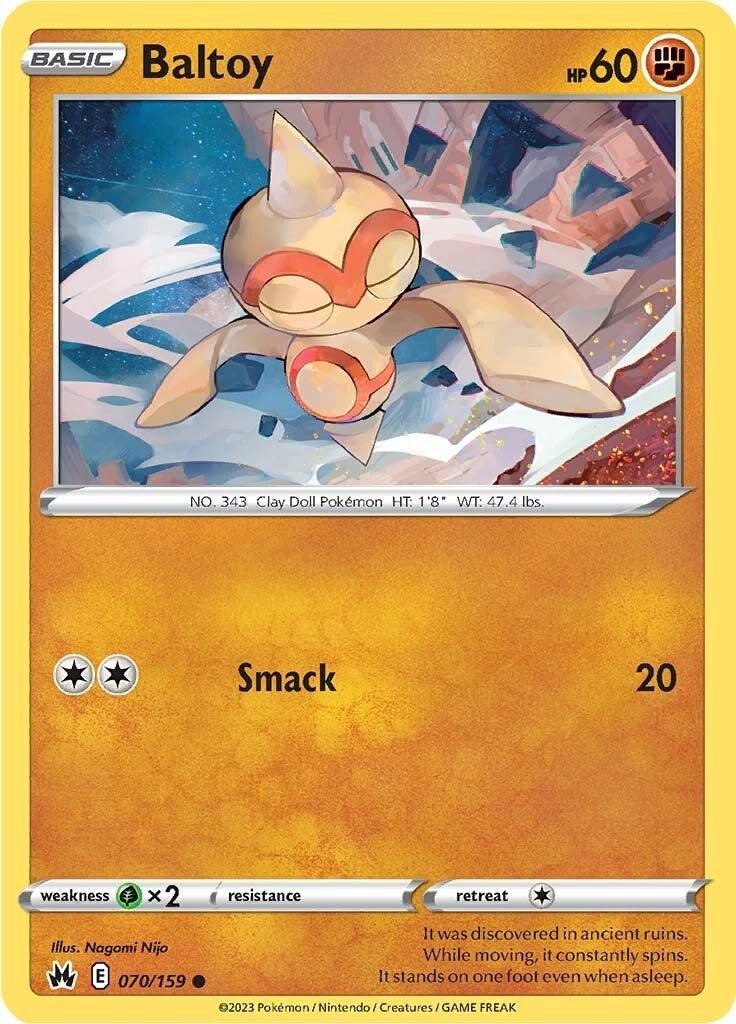 A common Pokémon trading card featuring Baltoy (070/159) [Sword & Shield: Crown Zenith] from the Pokémon set. The card has a yellow border and shows Baltoy, a Fighting-type clay doll Pokémon, floating against a background of ancient ruins. Baltoy's stats are HP 60, and it includes an attack called 